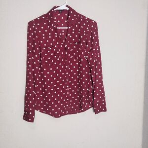 Express Top Womens XS Red Polka Dot Portofino Sheer Button Long Sleeve Career